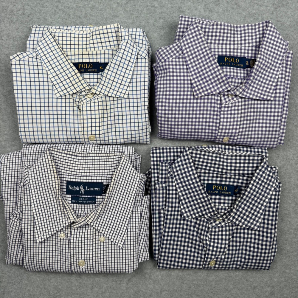 Lot of 4 Polo Ralph Lauren Mens Shirts XL Gingham Tattersall Blue White stained